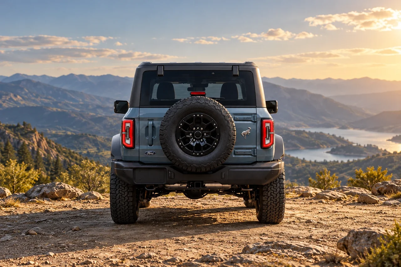 Vista trasera del Ford Bronco azul en un paisaje de montaña, composición conceptual