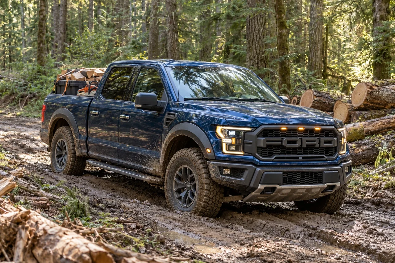 Ford F-150 Raptor cargada con leña en un camino forestal, imagen conceptual