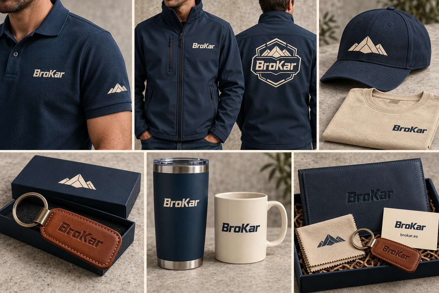 Maquetas conceptuales BroKar: polo, chaqueta, gorra, camiseta, llaveros, taza y pack de entrega
